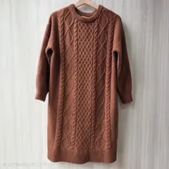 BEAMS HEART ケーブル編み ニットワンピース ブラウン ウール混