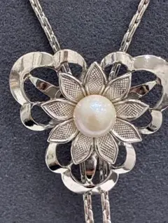 ボロタイ ループタイ フラワーモチーフ パール調 シルバーカラー 約80cm