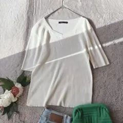 半袖リブニット(S)セーター/スクエアネック/プルオーバー/アイボリー