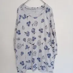 KAREN SCOTT 花柄 五分袖 Tシャツ 【XS】青 グレー カジュアル