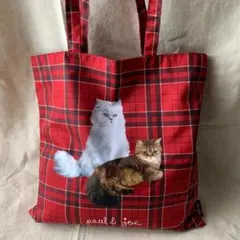 未使用　PAUL&JOE ポール＆ジョー 　猫ネコ チェック　トートバッグ　赤
