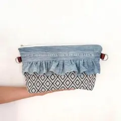 大きめ フリル ポーチ 薄 デニムリメイク ショルダー バッグ 帆布 ジャガード