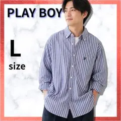 【美品】PLAY BOY ボタンダウンシャツ ストライプ オーバーサイズ ロゴのサムネイル