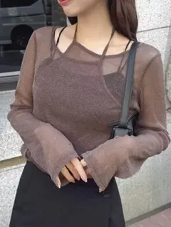 透け感ブラウン長袖トップス　タグ付　シアー　シャツ　ブラウス　ラメ　モード系