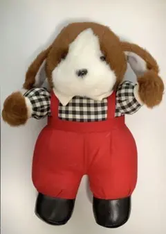 犬のぬいぐるみ 赤いオーバーオール　レトロ　23㎝くらい