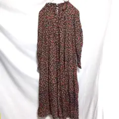 花柄 ロング 長袖シャツワンピース 個性的 赤 レトロ カジュアル　春夏