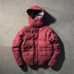 アバクロ ダウンジャケット フード ドローコード チェック バーガンディー 短丈