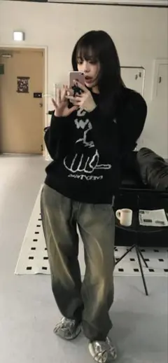 オリーブグリーン ダメージ加工 ワイドパンツ