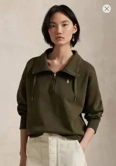 【正規品】ポロラルフローレン⭐️紐付きハーフジップ　ホワイトポニー刺繍　カーキ　S