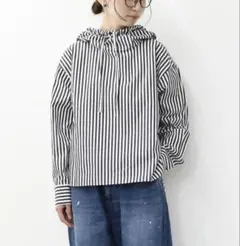 【美品】mizuiroind ミズイロインド ストライプフードシャツ ブラックのサムネイル
