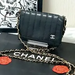 【鑑定済】シャネル　チェーンウォレット　チェーンショルダー　ラムスキン　ブラック