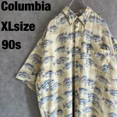 【XL】90s コロンビア 魚 フィッシュ 総柄 ビスコース混 半袖 BDシャツのサムネイル