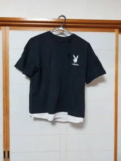 PLAYBOY 半袖 Tシャツ ブラック ホワイト 重ね着風