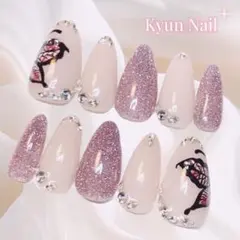 蝶々 ネイルチップ 韓国 個性的 ワンホン 大人ナチュラル スナ系 フラッシュ