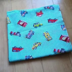 車柄の綿生地 水色 チェック柄（約92×86cm）