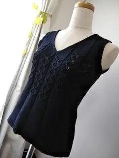 ANNE KLEIN2 ミドルゲージ ニットタンクトップ ベスト 紺 M 綿のサムネイル