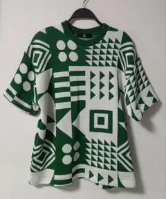 CAMBIO 幾何学ジャガード模様 サマーニット Tシャツ グリーン/ホワイトのサムネイル