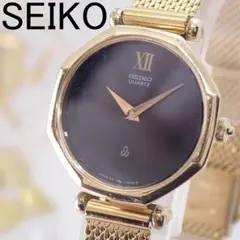 稼働★ セイコー アンティーク 腕時計 レディース 八角形 黒文字盤 ゴールド