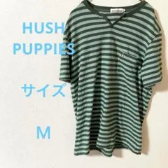 HUSH PUPPIES ストライプ VネックTシャツ 犬刺繍付き