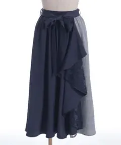 axes femme チェック切替フリルスカート ネイビー
