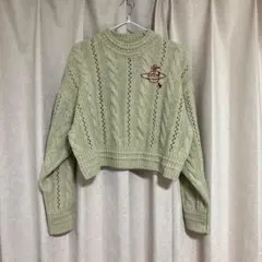 【美品】リブ編みニット　アイボリー　オーブ刺繍のサムネイル