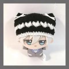 ちびぐるみ ぬい服 ぷっくりハート 猫耳ニット帽 黒×白 編み物