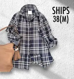 【SHIPS】シップス/リネン100% /チェックシャツ/日本製/紺×白/Mのサムネイル