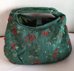 【未使用】くろちく　リンク　京都　ミニラウンドバッグ　刺繍　南天　深緑