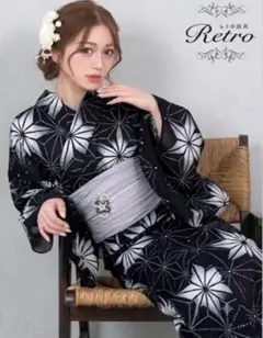 【新品】レトロモダンな黒地浴衣＊シックで大人可愛い麻の葉模様のサムネイル