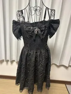 美品黒いレースオフショルダー半袖ミニワンピースドレス