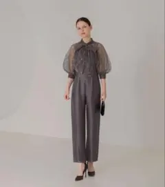 【Leja】ドット柄スパンコールパフスリーブボレロオールインワンドレス