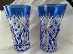 未使用:江戸切子　青色　クリスタルガラスカットグラス2個セット