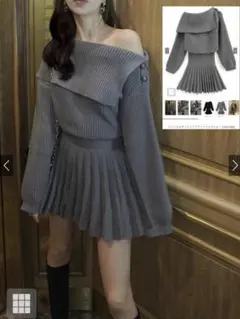 ワンショルダーニットプリーツミニワンピース