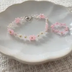 ビーズブレスレット&ビーズリングセット 桜