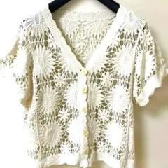 アイボリー クラッシュレース編み Vネックカーディガン 半袖 全開4つボタンM