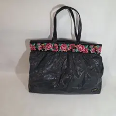 FEILER 黒いトートバッグ フラワー刺繍付き