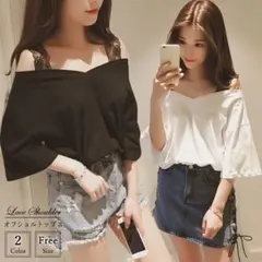 オフショルダー トップス 半袖 肩だし ブラウス カットソー 五分袖♪