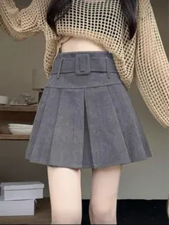 SHEIN 新作秋冬コーデュロイ ハイウエスト プリーツスカート ベルト付き