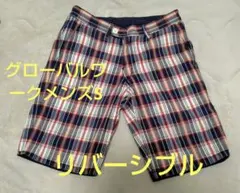 値引★グローバルワーク★ネイビー・チェック柄リバーシブルショートパンツ　メンズSのサムネイル