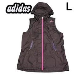 adidas アディダス ベスト フード収納可 レディース L ブラック×ピンク