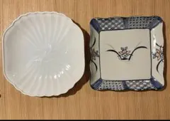 【美品！】和モダン 大皿 2枚セット 四角プレート 白＆藍花柄