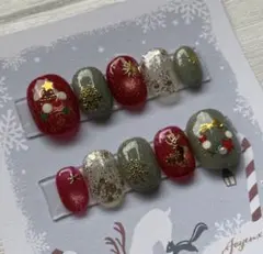 ネイルチップ　クリスマス　グリーン　緑　レッド　赤　リボン　冬　サンタ　トナカイ