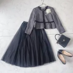 【美品】フォーマル セットアップ ノーカラー スカートスーツ 入園 入学 L