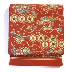 5k2812 名古屋帯　毛　紅型調　橙色　ベージュ　赤　青　緑　花柄　和装　着物