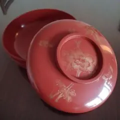 骨董 *蓋付き菓子器 天然木漆塗り *朱赤*金彩