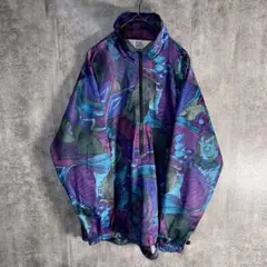 USA製 90s 総柄ナイロンジャケット ハーフジップ 派手柄 アート柄 古着