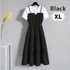 XL ブラック ドッキングワンピース ロングワンピース フレア 半袖 レディース