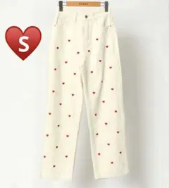 ハート刺繍 デニムパンツ 白 S レディース