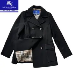 バーバリーブルーレーベル ピーコート ノバチェック 38 ダブルボタン ブラック