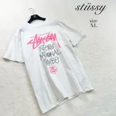 【ステューシー】フロントプリントロゴTシャツ☆クルーネック☆オフホワイト☆XL
